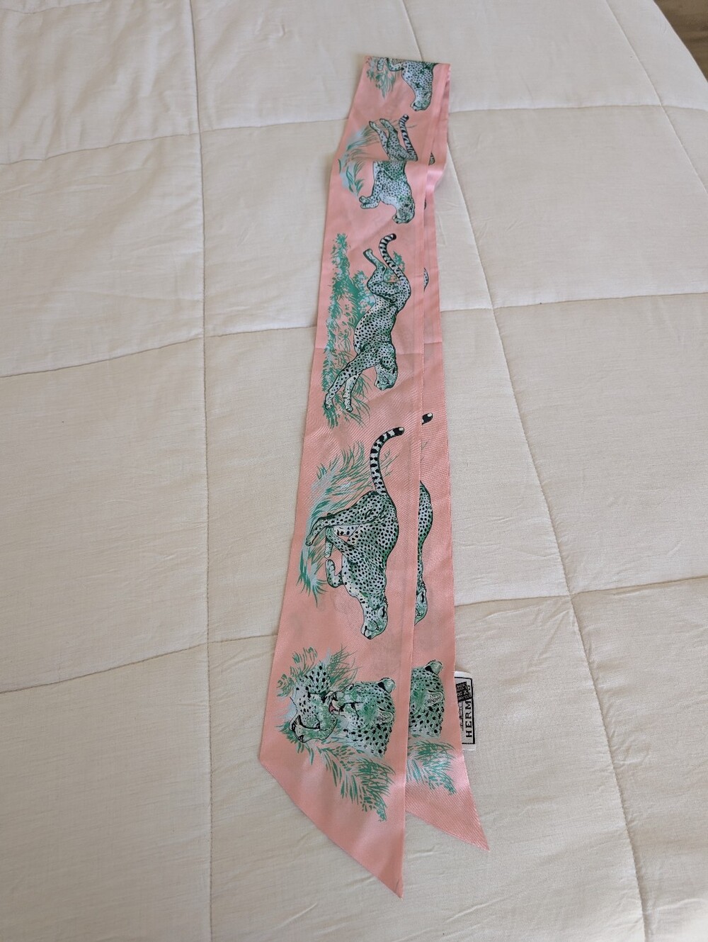 Hermes Pink Leopard-Print Twilly Scarf